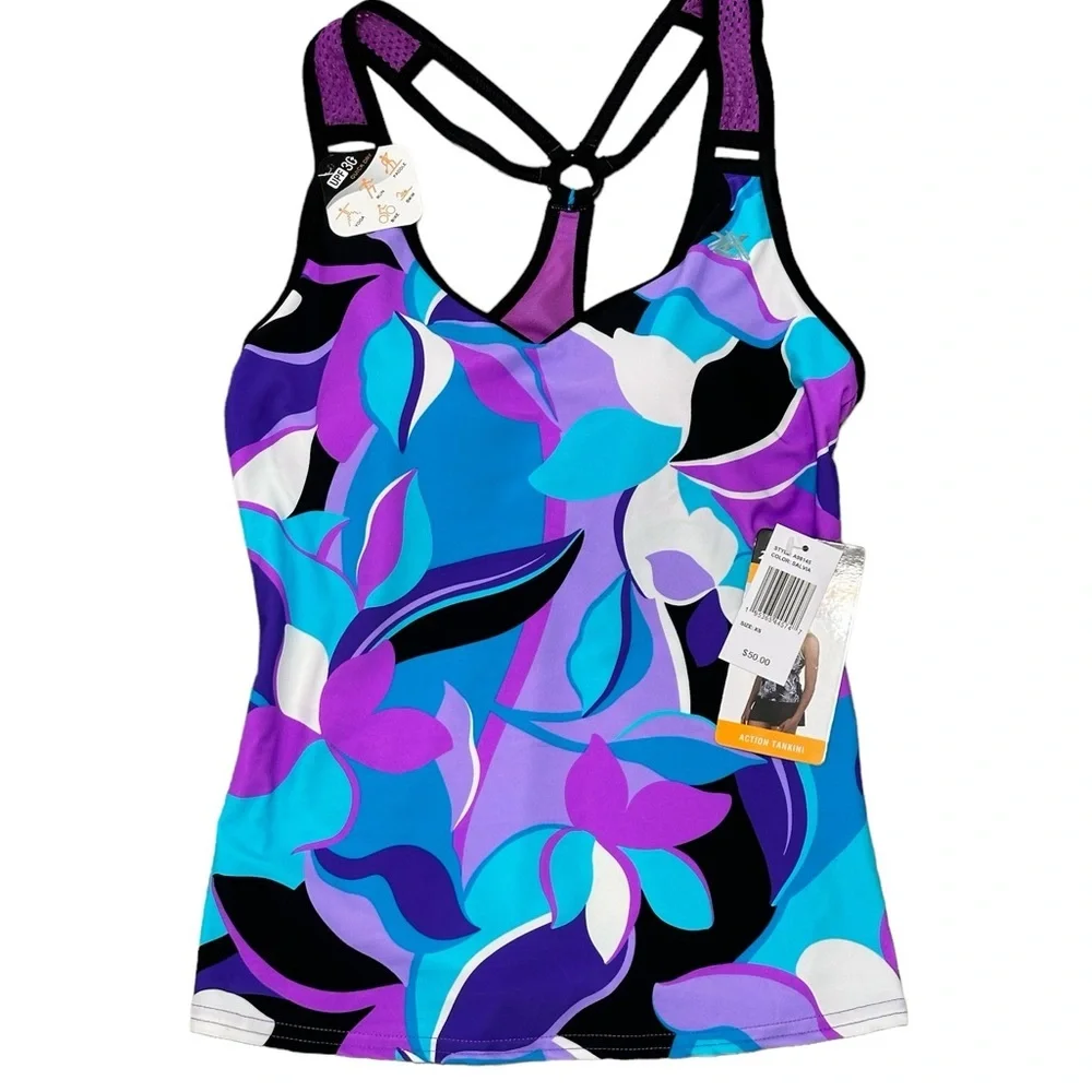 Women’s Zeroxposur XS Tankini Padded UPF Swim Swimwear Tank Top Purple Teal NWT